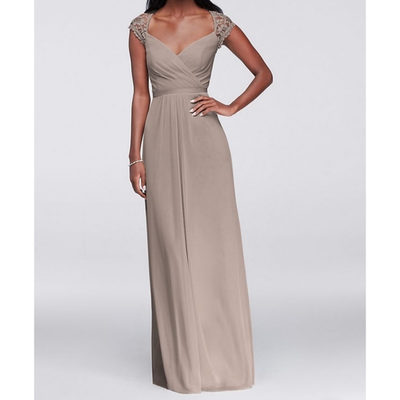 David's Bridal Dresses & Skirts - Long mesh dress with lace cap sleeves